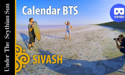 Pink Lake Sivash. Calendar photo session backstage VR Video Pink Lake Sivash. Calendar photo session backstage VR