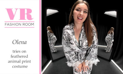 Olena tries on a beautiful suit with an animalistic print in VR Fashion Room VR Video Olena tries on a beautiful suit with an animalistic print in VR Fashion Room VR