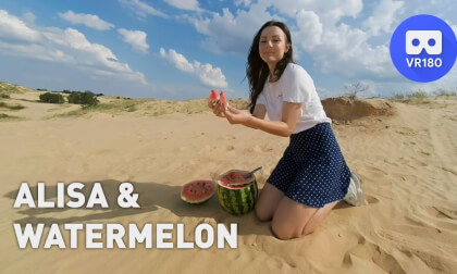 Pretty teen girl eats watermelon in the desert VR Video Pretty teen girl eats watermelon in the desert VR