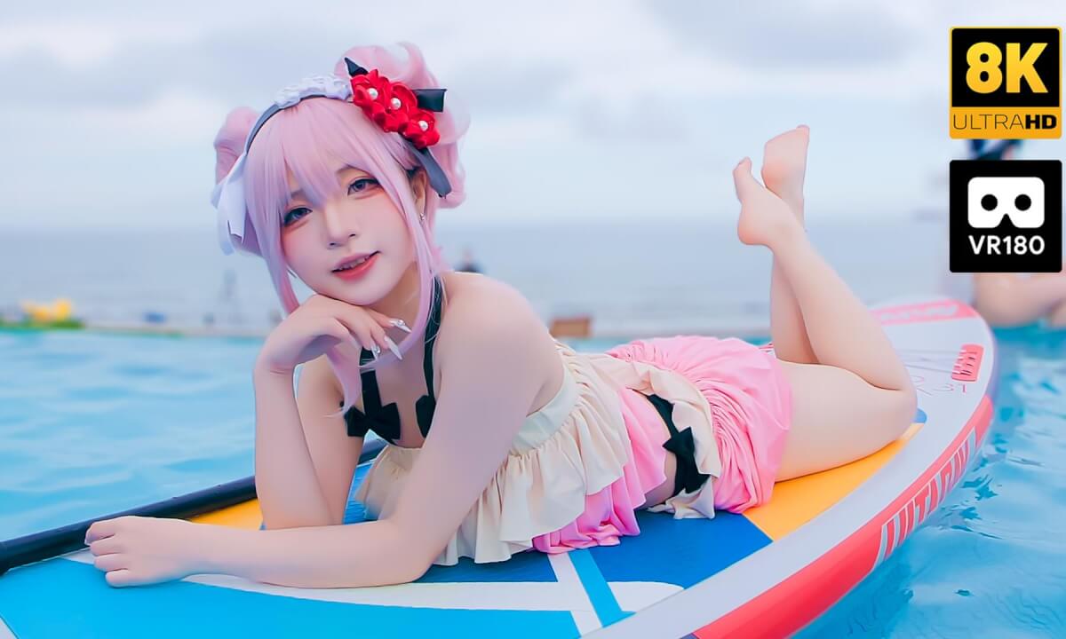Cute girl playing on the Paddle Board in the pool cover