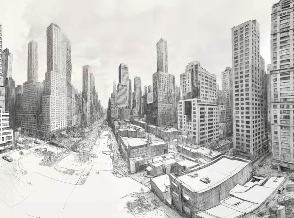 Pencil Sketch Of A Modern City With Skyscrapers Pencil Sketch Of A Modern City With Skyscrapers